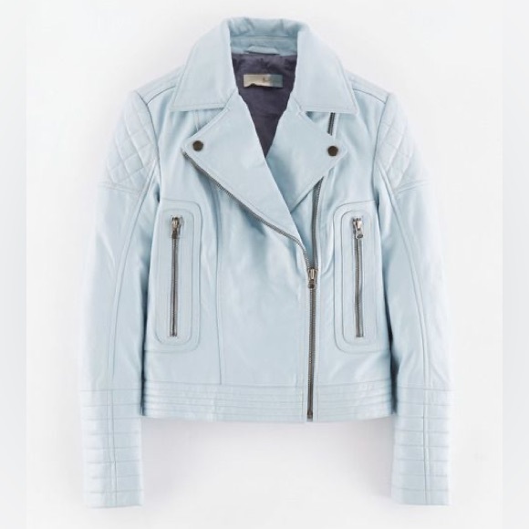 Boden sky light blue leather moto jacket coat US 2 - Picture 6 of 9